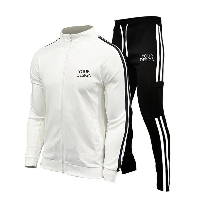 Custom Logo Men's 2 Piece Casual Tracksuit Spring Autumn Zipper Long Sleeve Jacket & Elastic Waist Pants Set