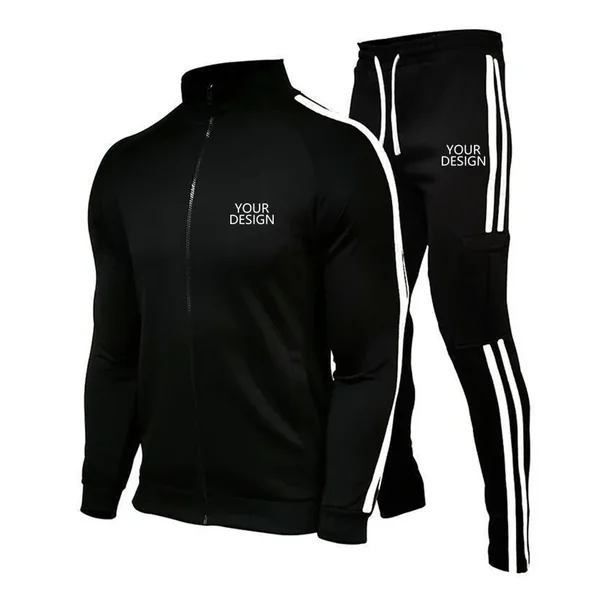 Custom Logo Men's 2 Piece Casual Tracksuit Spring Autumn Zipper Long Sleeve Jacket & Elastic Waist Pants Set