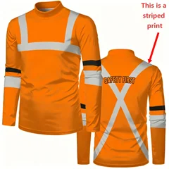 Men Mock Neck Long Sleeve T‑Shirt Fake Safety Work Vest Visual Print Safety First Letter Contrast Stripe Daily Work Casual Tops