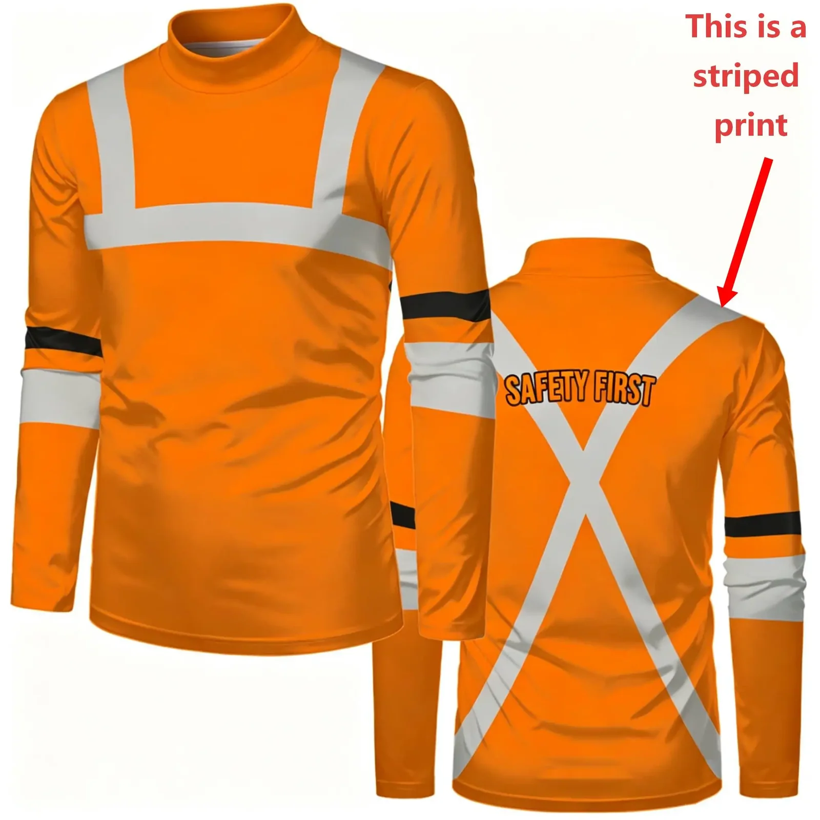 Men Mock Neck Long Sleeve T‑Shirt Fake Safety Work Vest Visual Print Safety First Letter Contrast Stripe Daily Work Casual Tops