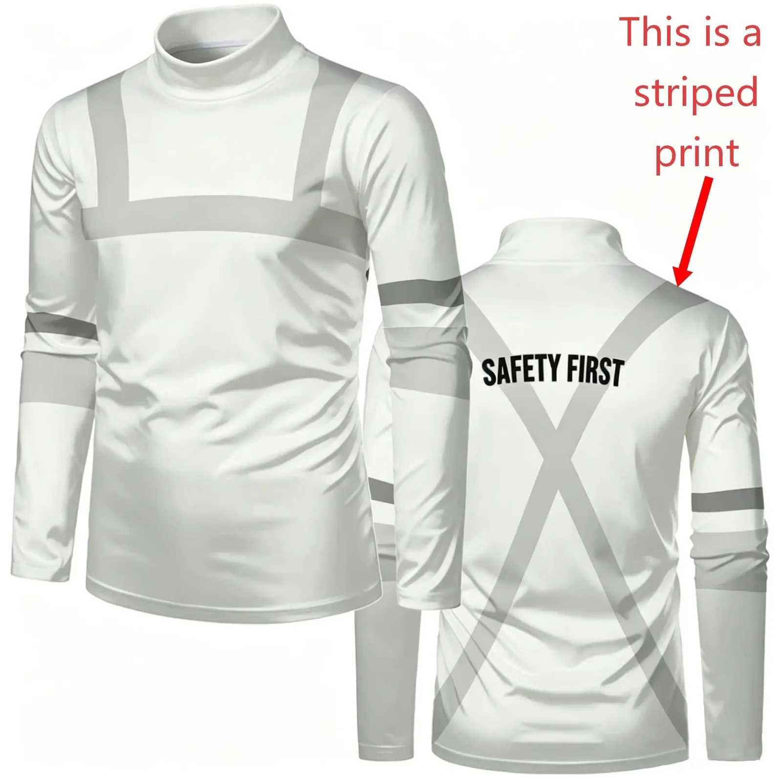 Men Mock Neck Long Sleeve T‑Shirt Fake Safety Work Vest Visual Print Safety First Letter Contrast Stripe Daily Work Casual Tops