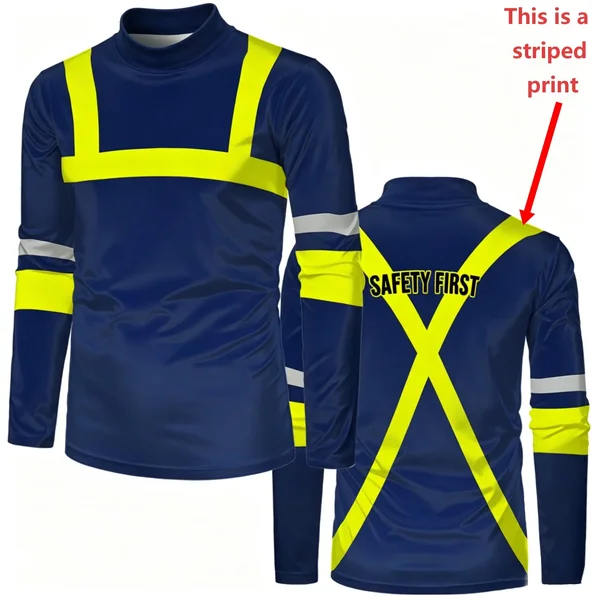 Men Mock Neck Long Sleeve T‑Shirt Fake Safety Work Vest Visual Print Safety First Letter Contrast Stripe Daily Work Casual Tops