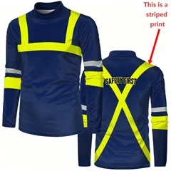 Men Mock Neck Long Sleeve T‑Shirt Fake Safety Work Vest Visual Print Safety First Letter Contrast Stripe Daily Work Casual Tops