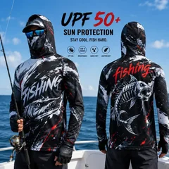Outdoor Sun Protective Long Sleeve Fishing Top Neck Mask Print Unisex Back Large Fish‑Bone Lightweight Breathable Fishing Jersey
