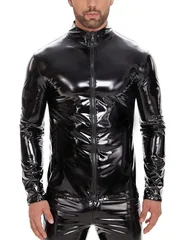 S-7XL Wet Look PVC Long Sleeve Tshirt Shiny PU Leather Motorcycle Jacket Veste Tights Zipper Casaco Jaqueta Chaqueta Hip Hop Tee