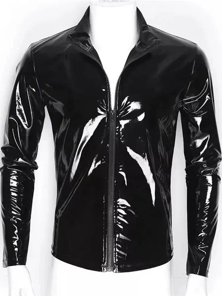 S-7XL Wet Look PVC Long Sleeve Tshirt Shiny PU Leather Motorcycle Jacket Veste Tights Zipper Casaco Jaqueta Chaqueta Hip Hop Tee