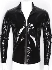 S-7XL Wet Look PVC Long Sleeve Tshirt Shiny PU Leather Motorcycle Jacket Veste Tights Zipper Casaco Jaqueta Chaqueta Hip Hop Tee