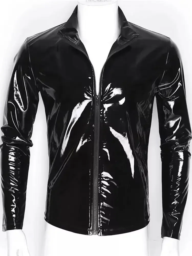 S-7XL Wet Look PVC Long Sleeve Tshirt Shiny PU Leather Motorcycle Jacket Veste Tights Zipper Casaco Jaqueta Chaqueta Hip Hop Tee
