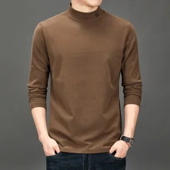 Men's Fashion Trend Solid Color Semi High Neck Base T-Shirt Autumn Winter Warmth Inner Long Sleeved Top Exquisite Men's Clothing
