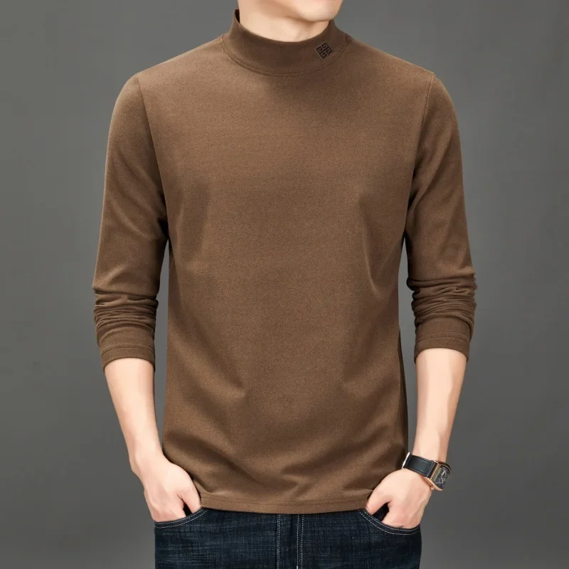 Men's Fashion Trend Solid Color Semi High Neck Base T-Shirt Autumn Winter Warmth Inner Long Sleeved Top Exquisite Men's Clothing