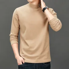 Men's Fashion Trend Solid Color Semi High Neck Base T-Shirt Autumn Winter Warmth Inner Long Sleeved Top Exquisite Men's Clothing