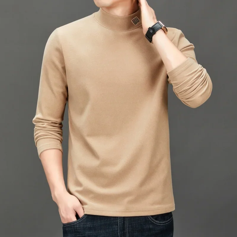 Men's Fashion Trend Solid Color Semi High Neck Base T-Shirt Autumn Winter Warmth Inner Long Sleeved Top Exquisite Men's Clothing