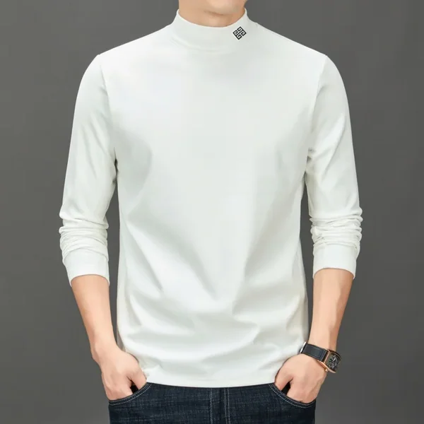 Men's Fashion Trend Solid Color Semi High Neck Base T-Shirt Autumn Winter Warmth Inner Long Sleeved Top Exquisite Men's Clothing