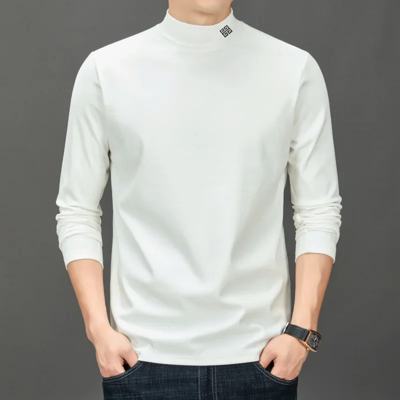 Men's Fashion Trend Solid Color Semi High Neck Base T-Shirt Autumn Winter Warmth Inner Long Sleeved Top Exquisite Men's Clothing