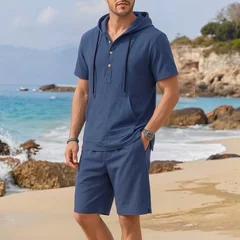 Men Summer Linen Two Piece Set Hooded Henley Short Sleeve Shirt Drawstring Shorts Casual Fashion Outfit