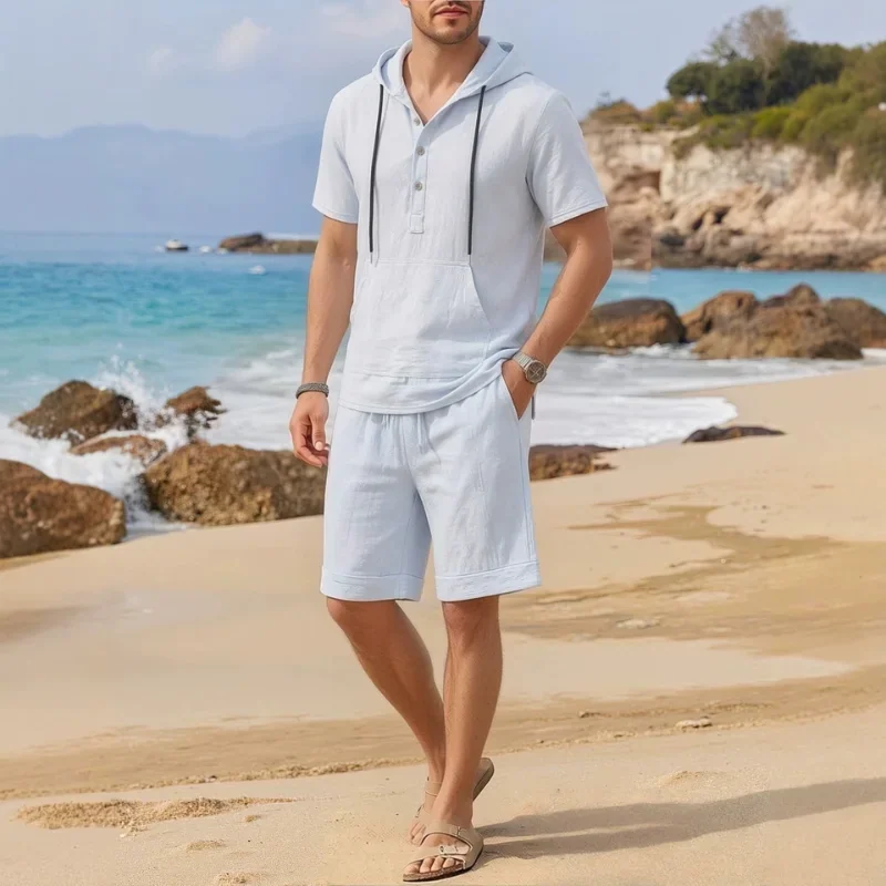 Men Summer Linen Two Piece Set Hooded Henley Short Sleeve Shirt Drawstring Shorts Casual Fashion Outfit