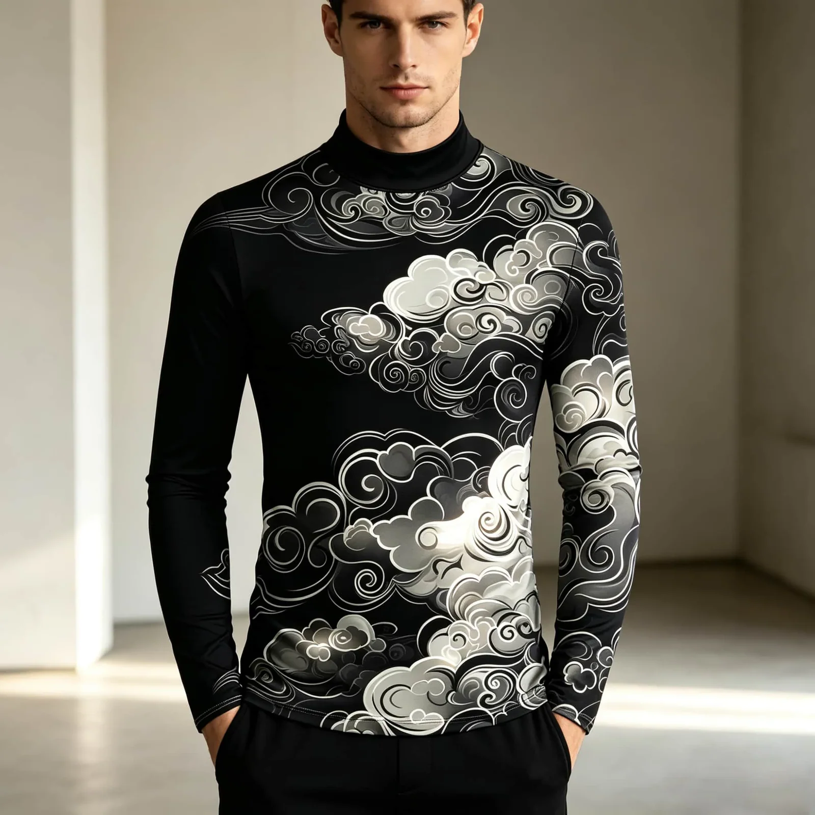 Chinese Traditional Art Print Men Mock Neck Long Sleeve Top, Gradient Grey White Cloud Print Breathable Street Casual T‑Shirt
