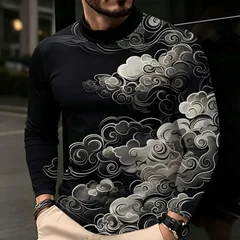 Chinese Traditional Art Print Men Mock Neck Long Sleeve Top, Gradient Grey White Cloud Print Breathable Street Casual T‑Shirt