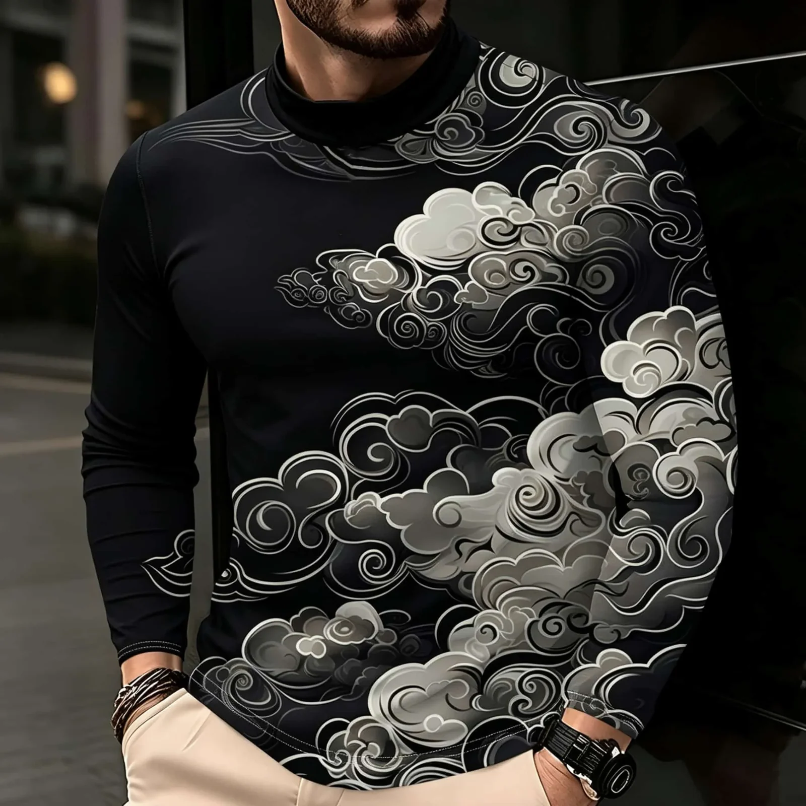 Chinese Traditional Art Print Men Mock Neck Long Sleeve Top, Gradient Grey White Cloud Print Breathable Street Casual T‑Shirt