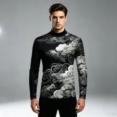 Chinese Traditional Art Print Men Mock Neck Long Sleeve Top, Gradient Grey White Cloud Print Breathable Street Casual T‑Shirt