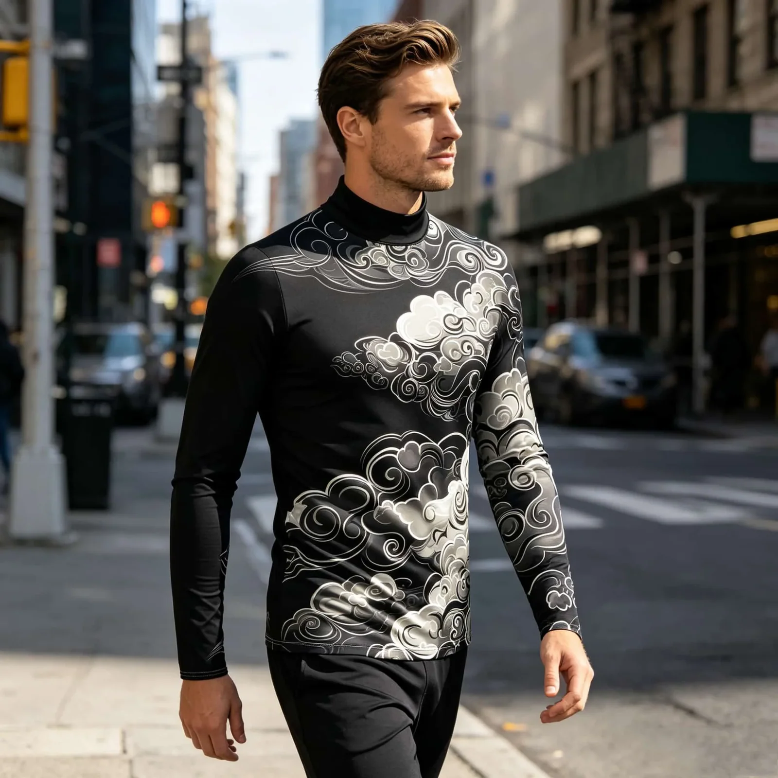 Chinese Traditional Art Print Men Mock Neck Long Sleeve Top, Gradient Grey White Cloud Print Breathable Street Casual T‑Shirt