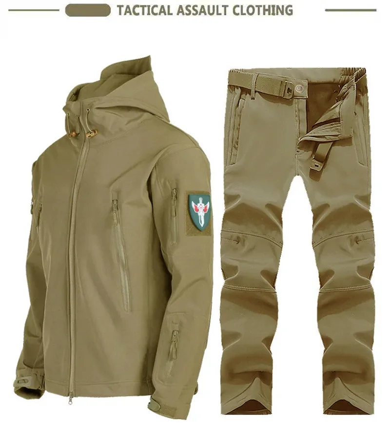 New Soft Shell Tactical Jacket Men Winter Fleece Hooded Coat Hunting Pants Outdoor Camouflage CS Tops Waterproof Windproof