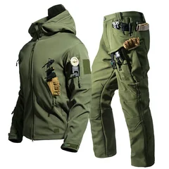 New Soft Shell Tactical Jacket Men Winter Fleece Hooded Coat Hunting Pants Outdoor Camouflage CS Tops Waterproof Windproof