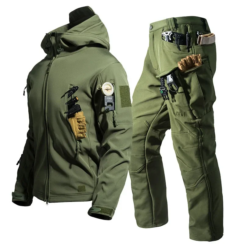 New Soft Shell Tactical Jacket Men Winter Fleece Hooded Coat Hunting Pants Outdoor Camouflage CS Tops Waterproof Windproof
