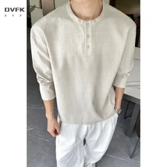 Mens Three Quarter Sleeve Henley T Shirt Linen Texture Half Button Loose Fit Lightweight Blouse