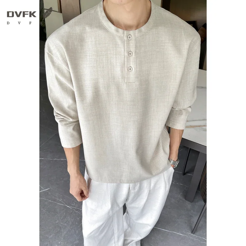 Mens Three Quarter Sleeve Henley T Shirt Linen Texture Half Button Loose Fit Lightweight Blouse