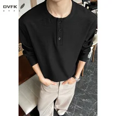 Mens Three Quarter Sleeve Henley T Shirt Linen Texture Half Button Loose Fit Lightweight Blouse
