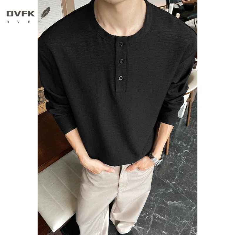 Mens Three Quarter Sleeve Henley T Shirt Linen Texture Half Button Loose Fit Lightweight Blouse