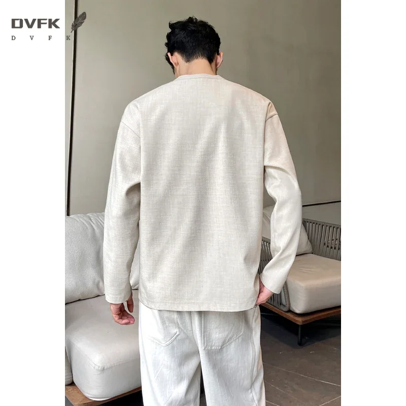 Mens Three Quarter Sleeve Henley T Shirt Linen Texture Half Button Loose Fit Lightweight Blouse