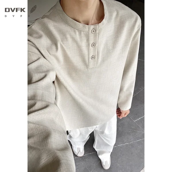 Mens Three Quarter Sleeve Henley T Shirt Linen Texture Half Button Loose Fit Lightweight Blouse