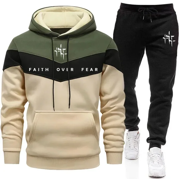 Faith Over Fear Men's Tracksuit Hooded Sweatshirt and Jogger Pants Urban Fashion Hoodies Outfits Autumn Winter Casual Sportswear