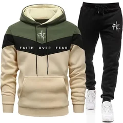 Faith Over Fear Men's Tracksuit Hooded Sweatshirt and Jogger Pants Urban Fashion Hoodies Outfits Autumn Winter Casual Sportswear