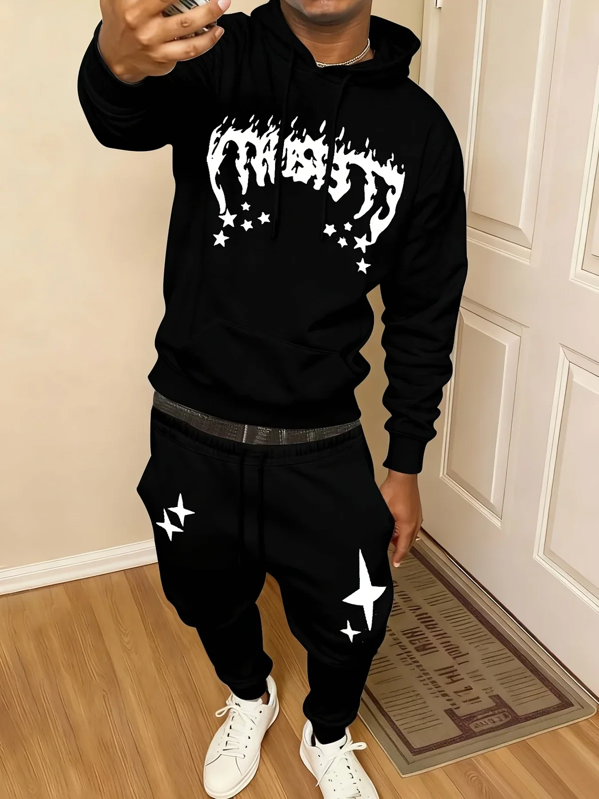 Men's casual letter pattern printed drawstring pocket hoodie, drawstring outdoor casual sports pants set of 2 pieces