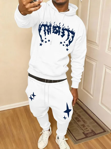 Men's casual letter pattern printed drawstring pocket hoodie, drawstring outdoor casual sports pants set of 2 pieces