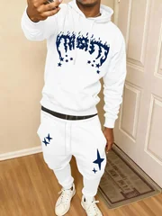Men's casual letter pattern printed drawstring pocket hoodie, drawstring outdoor casual sports pants set of 2 pieces