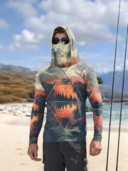 Outdoor Men's Fishing Hoodie Built‑in Face Mask Mountain Scenery Print UPF 50 Sun‑proof Quick Dry Long Sleeve Fishing Shirts
