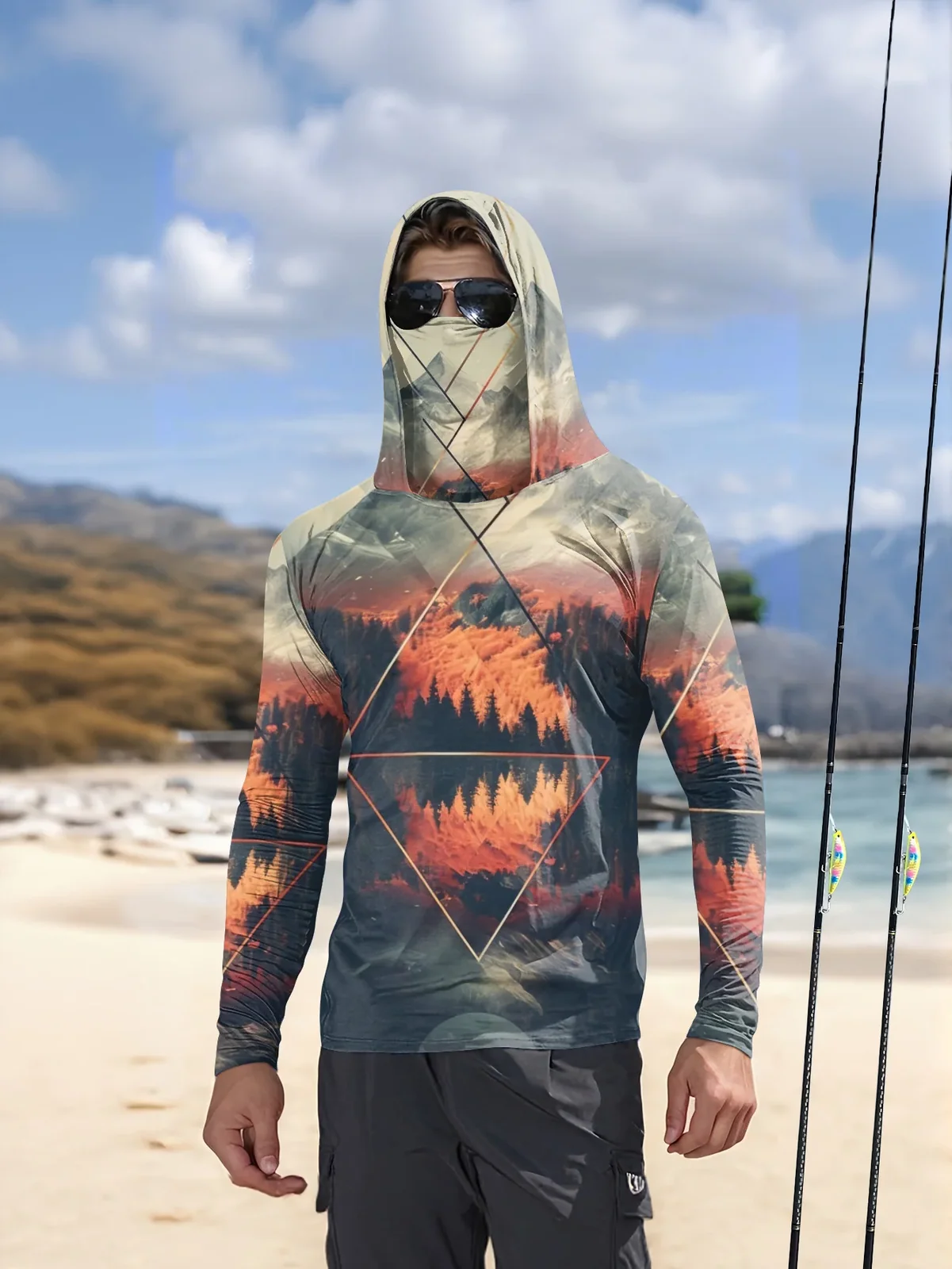 Outdoor Men's Fishing Hoodie Built‑in Face Mask Mountain Scenery Print UPF 50 Sun‑proof Quick Dry Long Sleeve Fishing Shirts