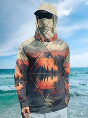 Outdoor Men's Fishing Hoodie Built‑in Face Mask Mountain Scenery Print UPF 50 Sun‑proof Quick Dry Long Sleeve Fishing Shirts