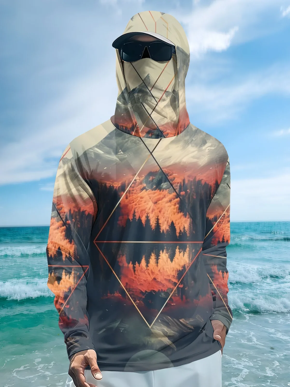 Outdoor Men's Fishing Hoodie Built‑in Face Mask Mountain Scenery Print UPF 50 Sun‑proof Quick Dry Long Sleeve Fishing Shirts