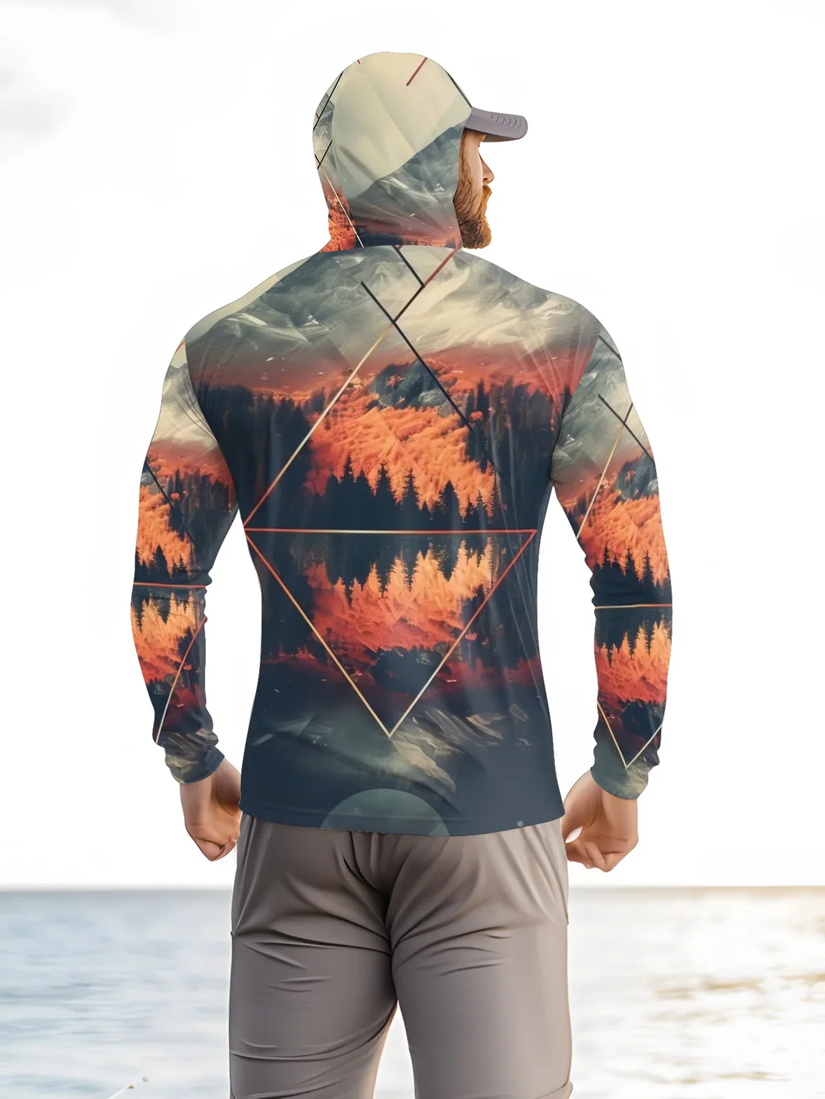 Outdoor Men's Fishing Hoodie Built‑in Face Mask Mountain Scenery Print UPF 50 Sun‑proof Quick Dry Long Sleeve Fishing Shirts