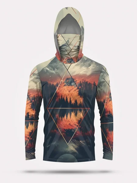 Outdoor Men's Fishing Hoodie Built‑in Face Mask Mountain Scenery Print UPF 50 Sun‑proof Quick Dry Long Sleeve Fishing Shirts