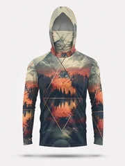 Outdoor Men's Fishing Hoodie Built‑in Face Mask Mountain Scenery Print UPF 50 Sun‑proof Quick Dry Long Sleeve Fishing Shirts