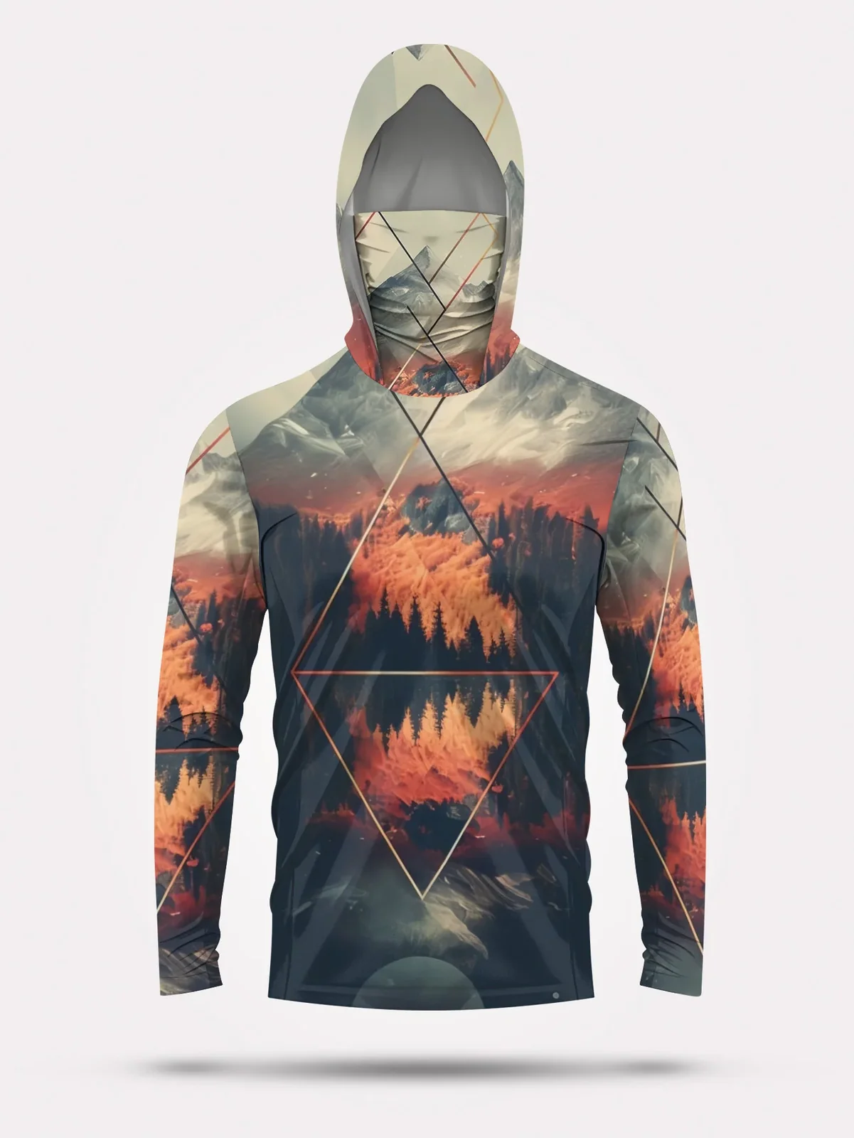 Outdoor Men's Fishing Hoodie Built‑in Face Mask Mountain Scenery Print UPF 50 Sun‑proof Quick Dry Long Sleeve Fishing Shirts