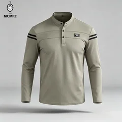 Male Urban Long Sleeve Polo Shirt Stand Collar Striped Decal For City Commute And Daily Street Leisure Matching Look
