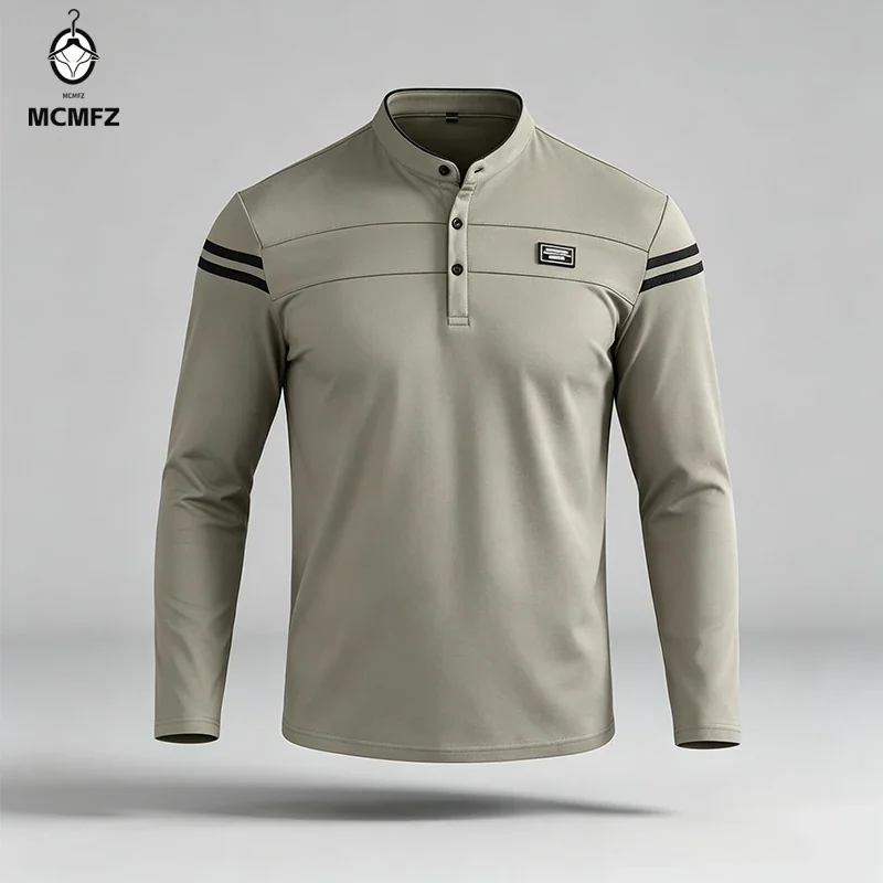 Male Urban Long Sleeve Polo Shirt Stand Collar Striped Decal For City Commute And Daily Street Leisure Matching Look