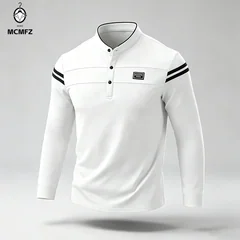 Male Urban Long Sleeve Polo Shirt Stand Collar Striped Decal For City Commute And Daily Street Leisure Matching Look